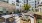 An outdoor courtyard at Vista Wilde Lake featuring lounge seating, dining tables, and planters with flowers, surrounded by modern apartment buildings and greenery